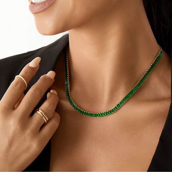 18K Gold Plated Green Tennis Chain Necklace - Picture 6 of 9